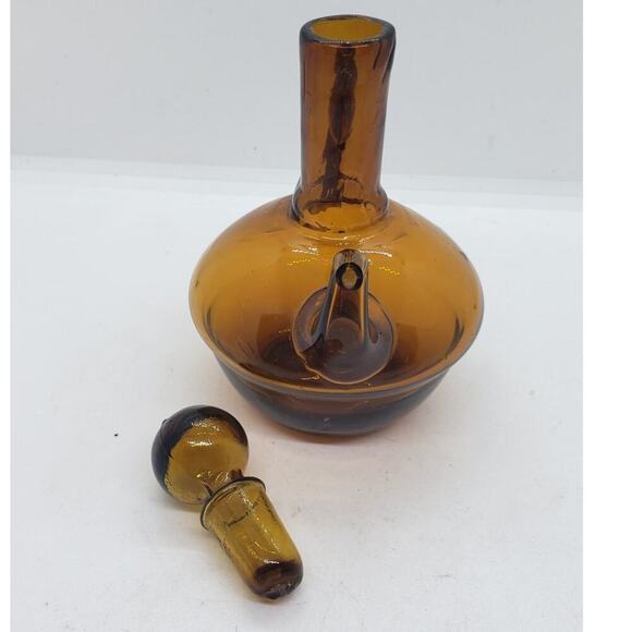 Vintage Amber Glass Cruet Decanter With Stopper Hand Blown 8" Tall Mid Century - Picture 6 of 11